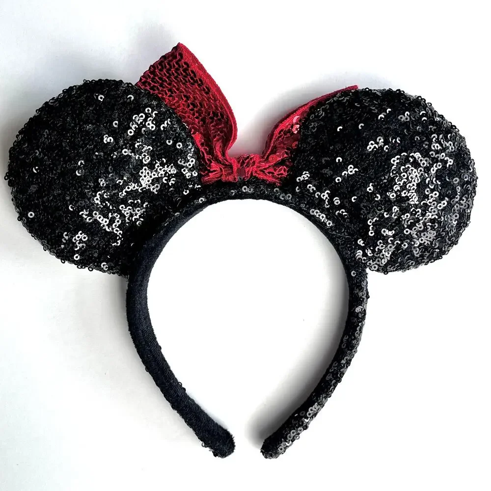 Disney Parks Minnie Mouse Black Ears Red Bow Sequins Headband Sparkly Dressup